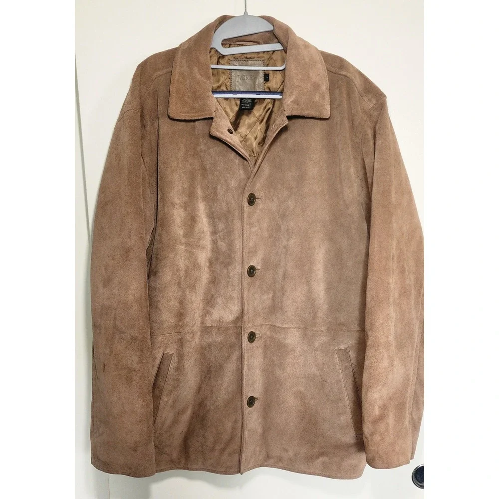 J. Crew Mens Suede Leather Jacket Button Front Collared Brown Sz L Fall Western